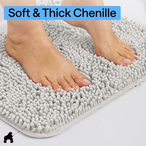 GORILLA GRIP Plush Chenille Bath Rug Mat - Soft Microfiber, Absorbent Design for Square Toilet Base - Light Gray