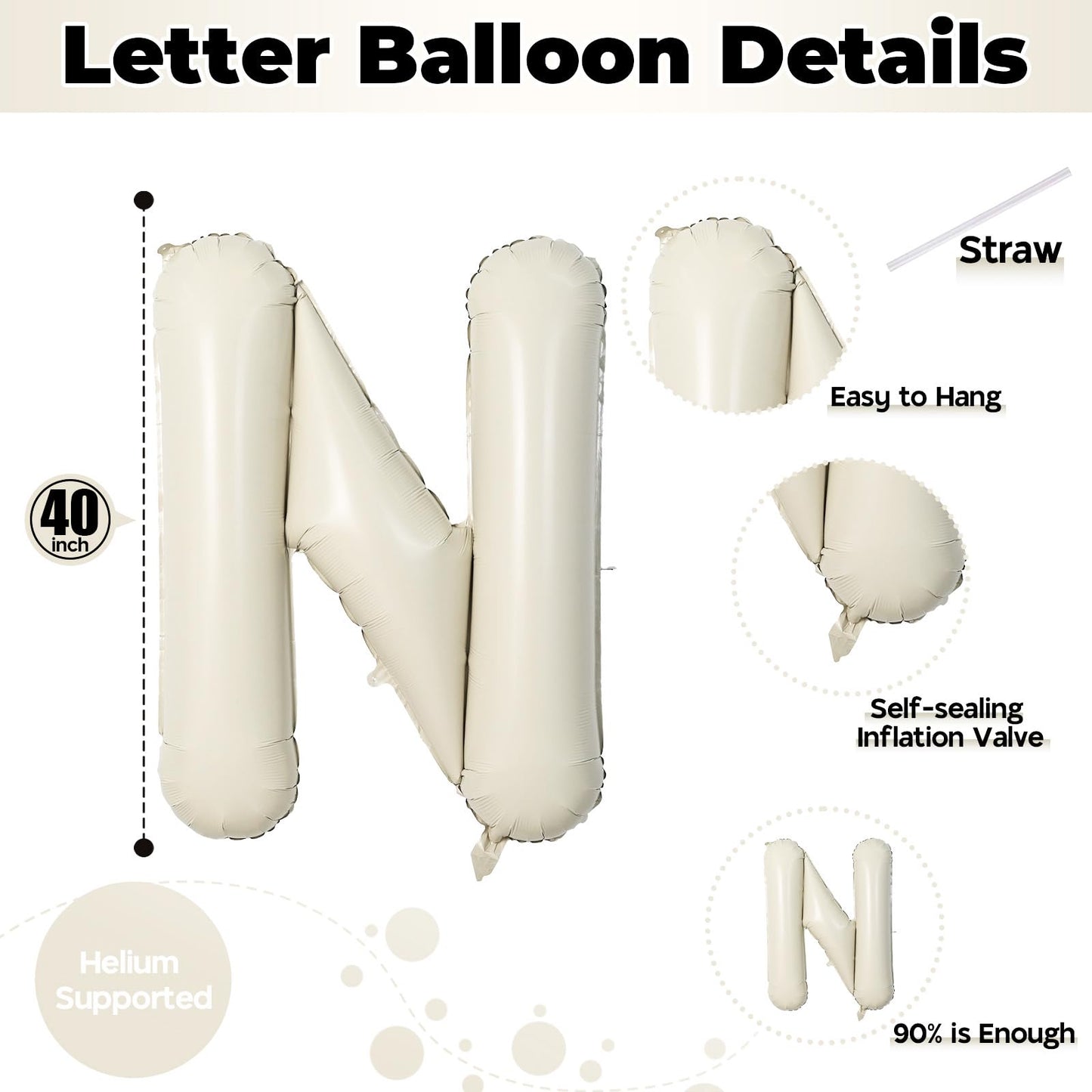 40 Inch Beige One Balloons for 1st Birthday, Cream White Sand One Balloon Letters with Ribbon, Neutral Ivory Alphabet One Balloon for Boys Girls First Birthday 1 Year Old Baby Shower Party Decorations