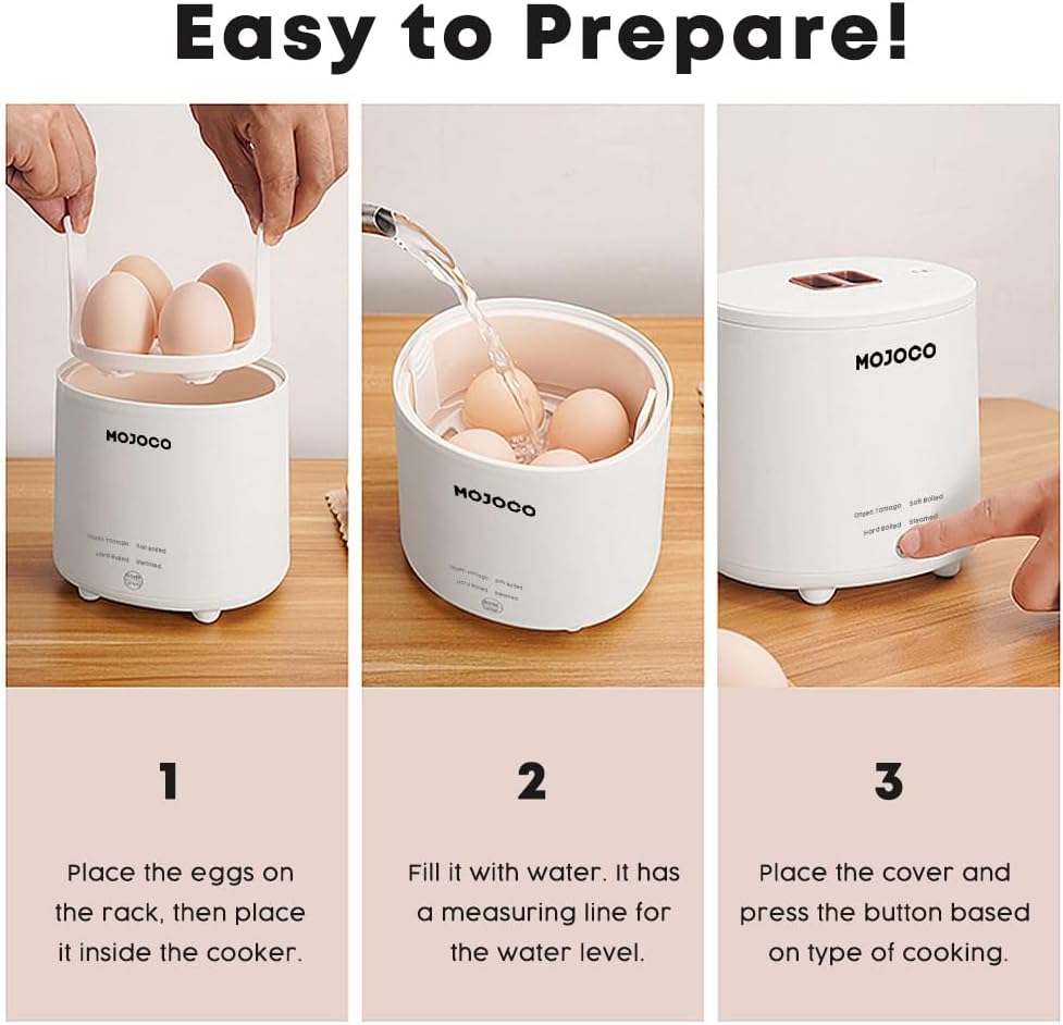 Mojoco Rapid Egg Cooker - Electric Mini Egg Maker for Steamed, Hard Boiled & Soft Boiled Eggs | Auto Shut Off & Alarm
