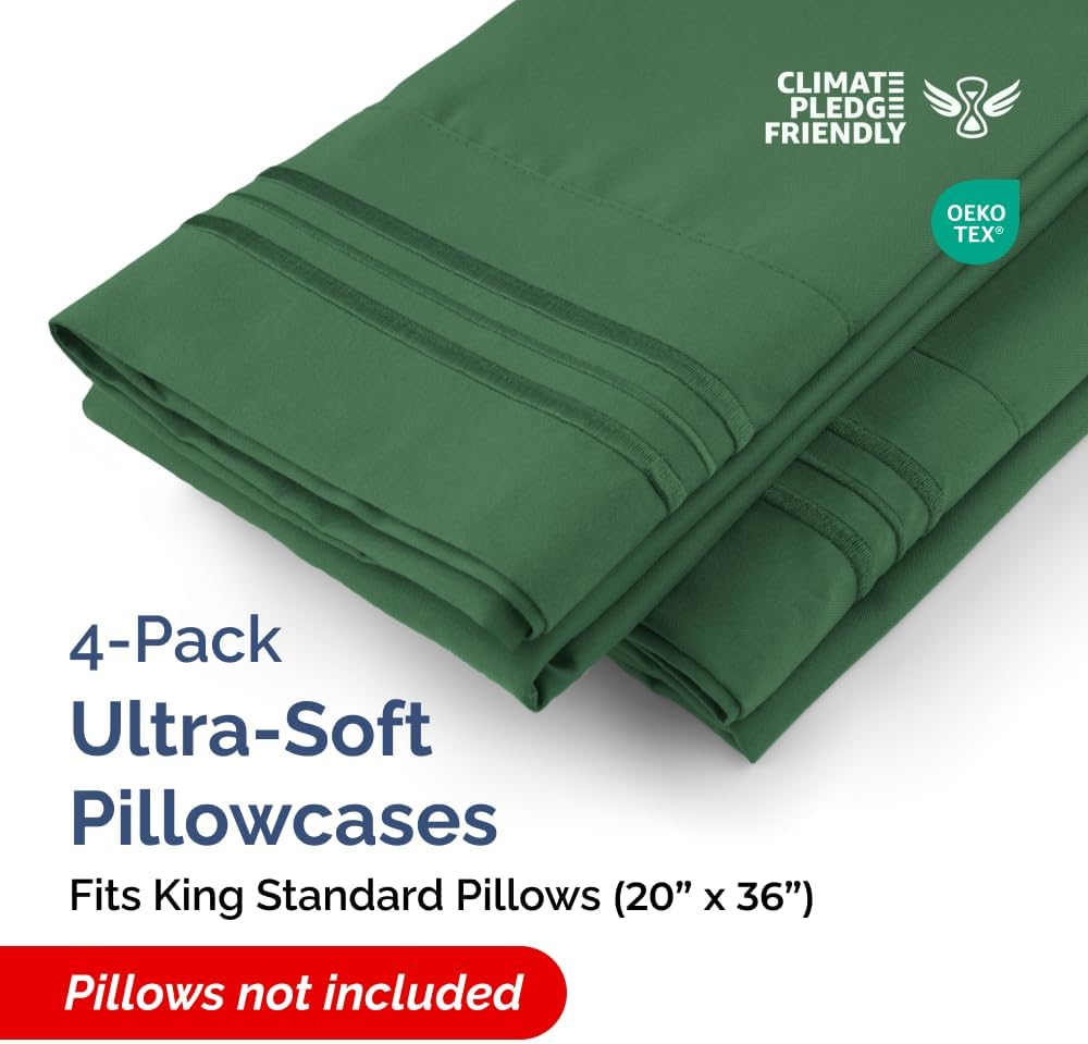 King Standard Pillow Cases - Soft Hotel Quality Covers | Comfy Machine Washable 4-Piece Set - Emerald Green