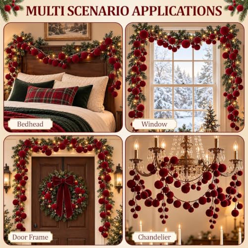 6 Ft Burgundy Velvet Christmas Garland with Ornaments - Holiday Decor