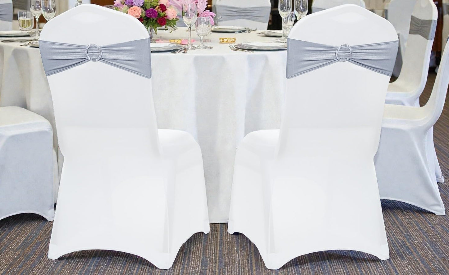 MDS Spandex Foil Chair Sashes - Universal Elastic Stretch Bands with Buckle for Weddings | Metallic Silver, Pack of 125