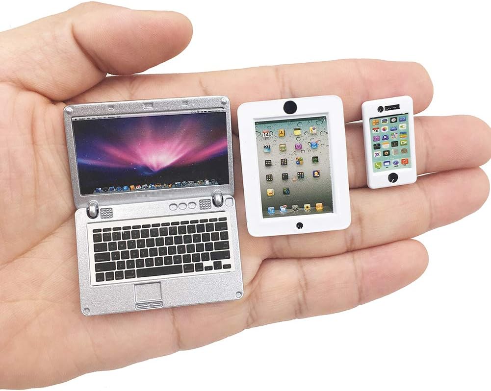 Skiennix Dollhouse Mini Laptop, Tablet & Smartphone Accessories - 3 Pack for 1/6 & 1/12 Scale Silver