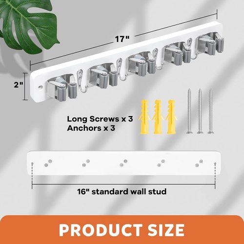 IMILLET Broom Holder Wall Mount - Wood Organizer with 5 Racks & 4 Hooks for Home & Garage Storage (White)