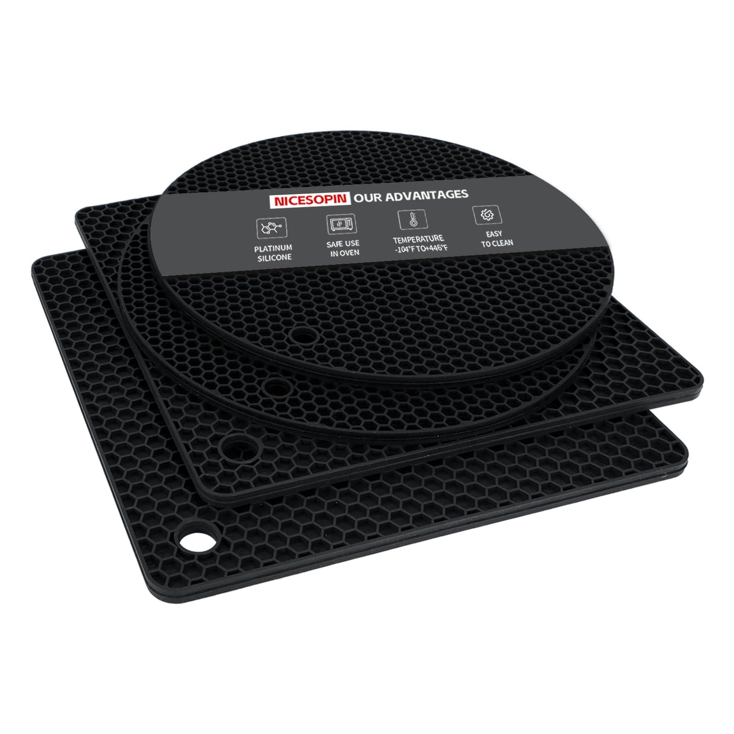 NICESOPIN 4 Pack Silicone Pot Holders & Hot Pads - Heat Resistant Non-Slip Mats for Kitchen Countertops, Trivets for Hot Dishes, Dishwasher Safe & BPA-Free (Black)