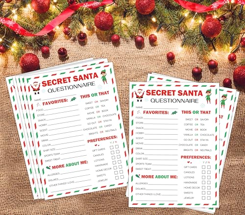 Secret Santa Questionnaire Cards – 25 Favorite Things, 5x7 in– URMISU Santa Claus and Elves Version