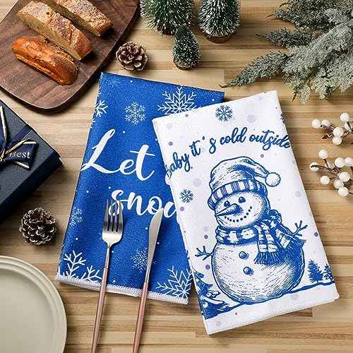 Sratte 4 Pcs Blue Christmas Kitchen Towels 16 x 24 Inch Merry Christmas Hand Towels Winter Let It Snow Snowman Dish Cloths Absorbent Xmas Tea Dishcloths for Home Bathroom Xmas Kitchen Decor