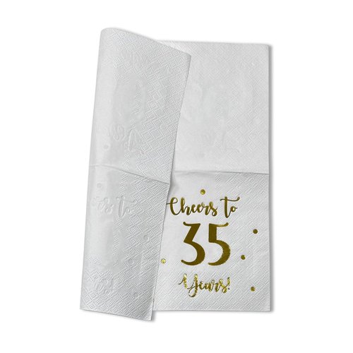 Cheers to 35 Years Cocktail Napkins | Happy 35th Birthday Decorations for Men and Women and Wedding Anniversary Party Decorations | 50-Pack 3-Ply Napkins | 5 x 5 inch folded (White)