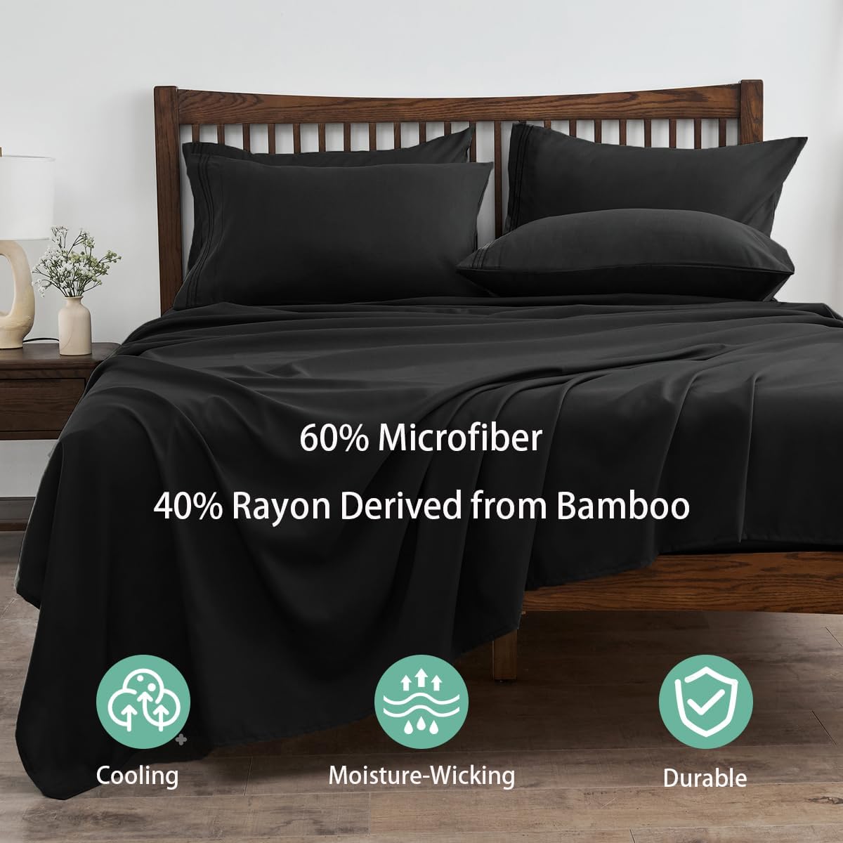 LINENLINE Full Sheet Set - Soft & Breathable Bamboo Rayon | 6-Piece Cooling Sheets, 16" Deep Pocket, Black