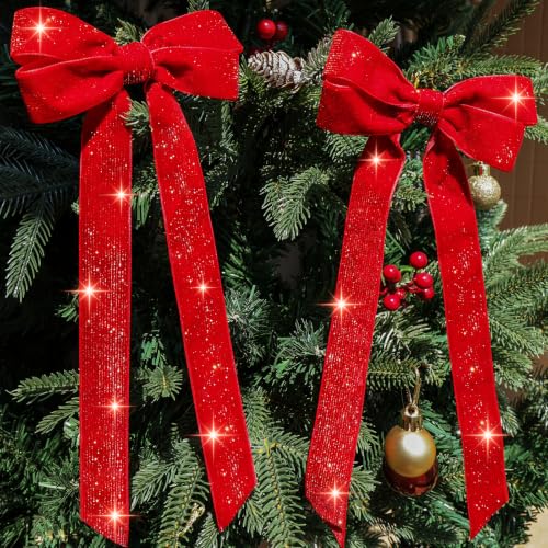 12Pcs Red Velvet Christmas Bows with Gold Thread, 5x10 in Holiday Decorations