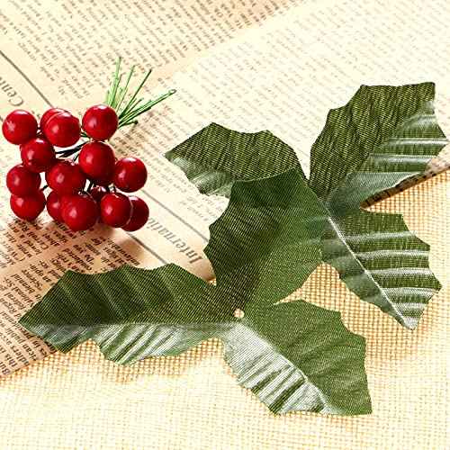 dophee 50 Pack Artificial Red Berry Stems and 50 Pack Green Leaves, Christmas Holly Berry Branches for Party Holiday Home Decoration and DIY Garland and Wreath Ornaments