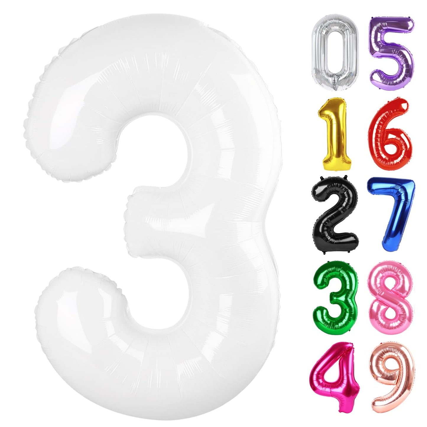 White Number 3 Balloon 40 Inch, 3rd Birthday Celebration Supplies for Girls Boys Women Men, 3 Balloon for Girls Boys Theme Party