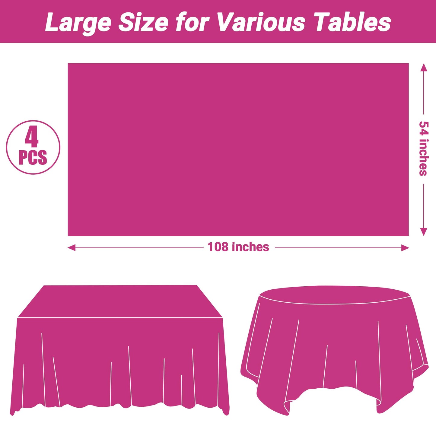 QZYL 2 Pack Picnic Table Cover, 108 x 54 Inches Hot Pink Tablecloth, Rectangle Plastic Tablecloth Disposable Table Cloth Party Tablecover, Decorative Party Supplies Decorations for Outdoor Indoor