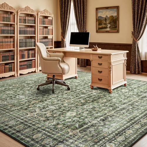 Green 8x10 Area Rug - Washable Non-Slip Vintage Floral Carpet for Living Room