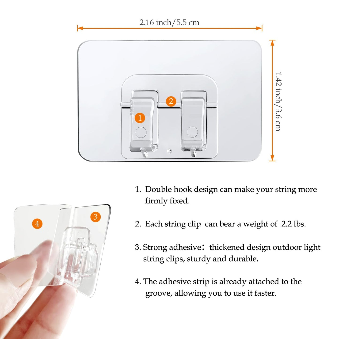 Gripalix Outdoor String Lights Hooks 90Pcs Christmas Light Clips for Outside Clear Cable Clips Heavy Duty Adhesive Wall Hooks for Roof Gutters Transparent Lamps Hanger Waterproof Wire Holder