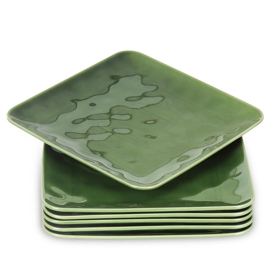 vicrays Ceramic Square Plates Set of 6 - Large Porcelain 10 inch Dinner Plates for Steak Pasta Pizza - Microwave Oven and Dishwasher Safe - Green