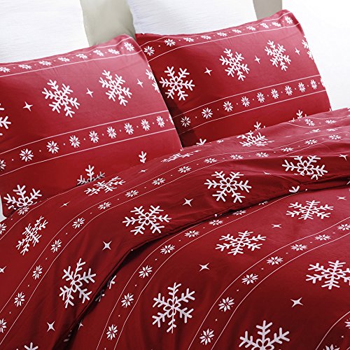 Vaulia Red Snowflake Microfiber Duvet Cover Set Queen - Festive Holiday Bedding
