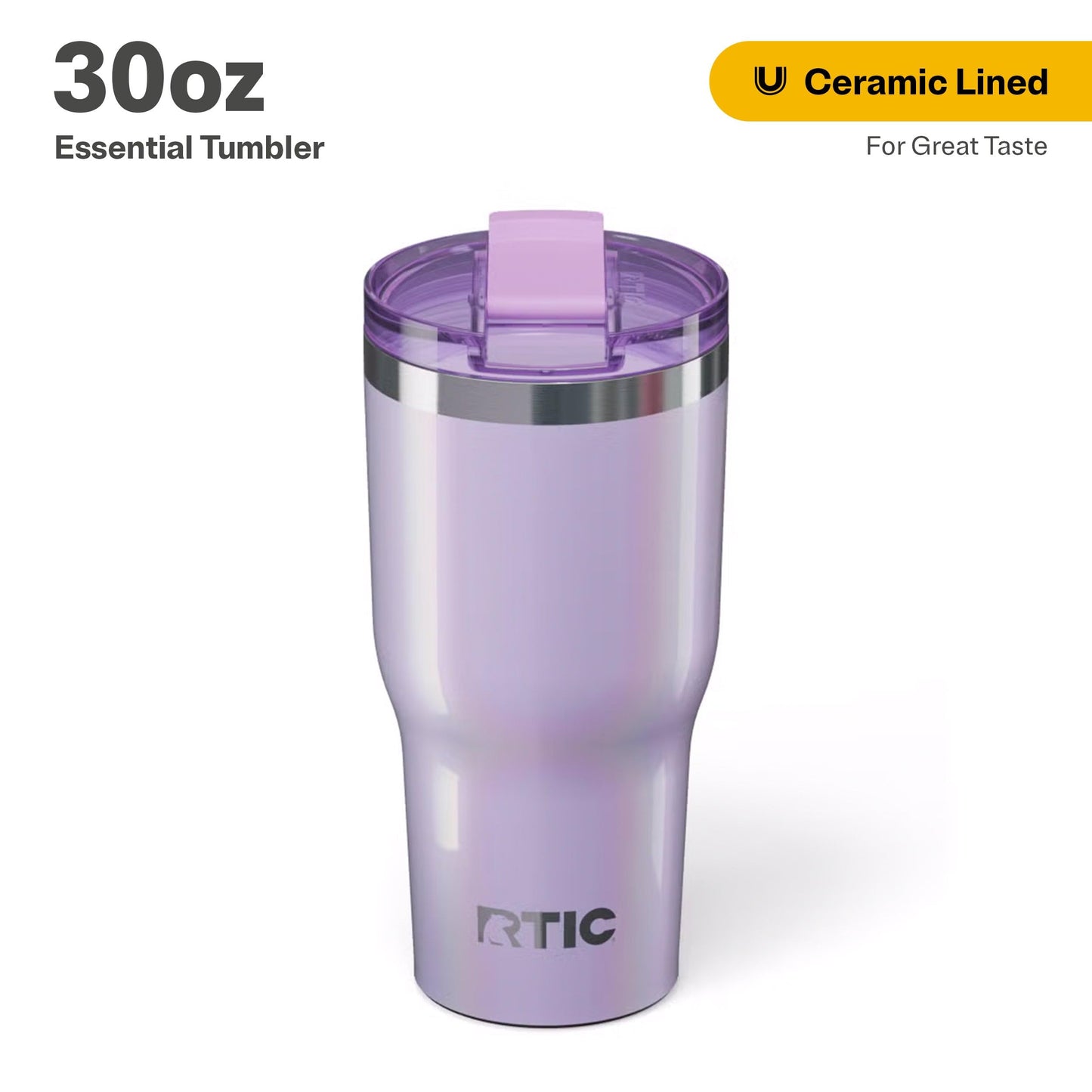 RTIC 20oz Essential Tumbler with Lid, Ceramic Lined, Insulated, Stainless Steel, Metal, Double Wall Vacuum-Insulation, Travel Cup for Iced Coffee, Tea, Hot and Cold Drink, Lavender Glitter