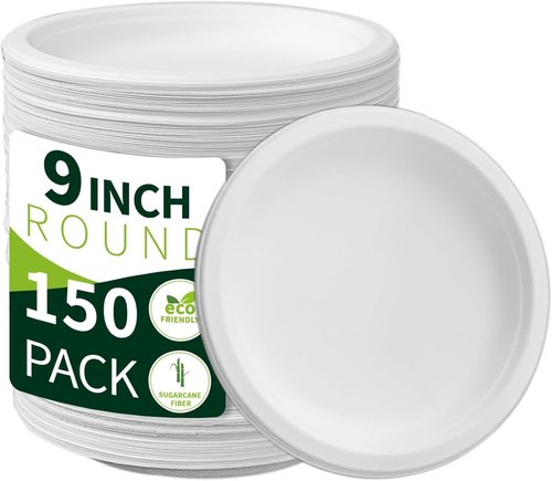 Eco-Choice 9-Inch Compostable Paper Plates - 150 Pack of Sturdy, Biodegradable Dinnerware for Parties & Picnics
