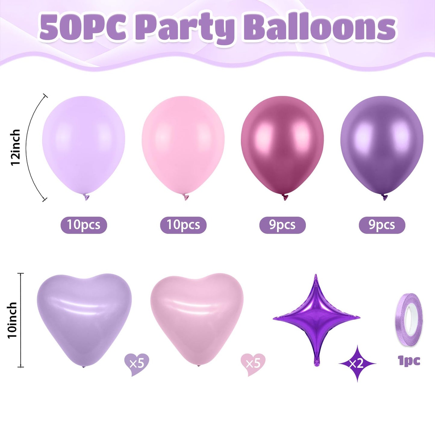 Pink and Purple Balloons, 50pcs Pink Purple Balloons With Macaron Heart Latex Balloon, Four Star Heart foil Balloon For Birthday Baby Shower Girls Women Party Wedding Bridal Shower Anniversary Decor