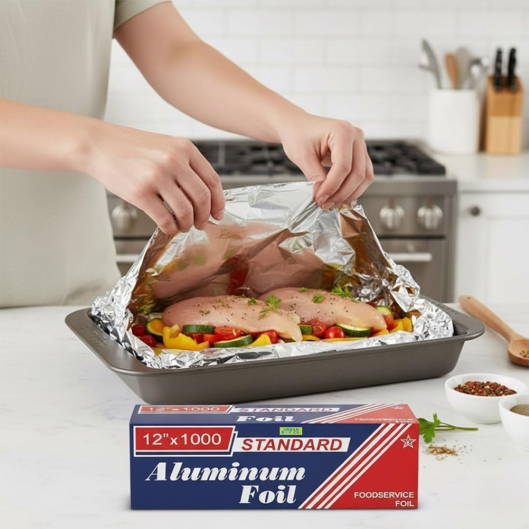 Urban Box Co. 12"x1000' Standard Aluminum Foil Roll Commercial-Grade Silver Wrap for Food Service, Catering, Baking & Home Use. Durable, Tear-Resistant, Heat-Safe Industrial Foil Roll