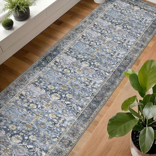 KUTA Vintage Washable Long Runner Rug 2.6x18 ft Blue Grey Beige - Non-Slip Hallway Rug