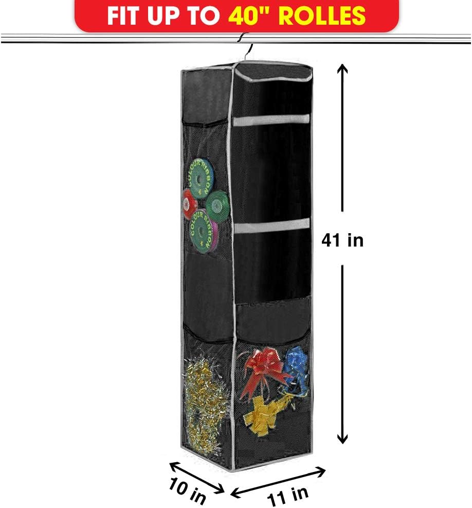ProPik Holiday Wrapping Paper Storage Bag - 360° Swivel Hanger with Mesh Pockets | Holds 25 Rolls, 40 Inch, Black
