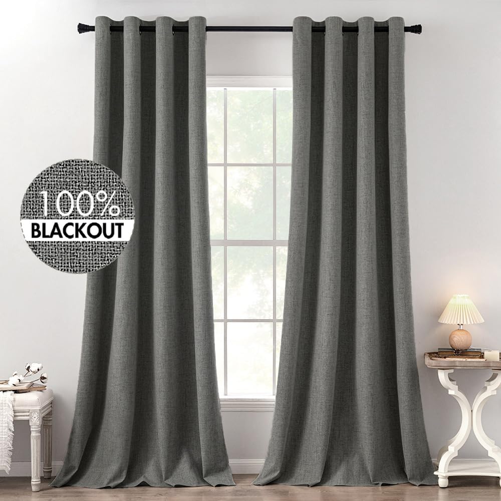 MIULEE Blackout Curtains - 100% Thermal Insulated Dark Grey Linen Texture | 52x120 Inch (2 Panels)