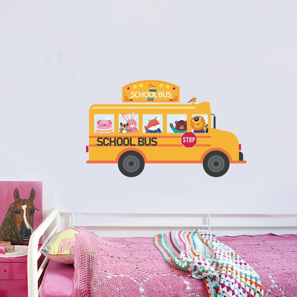PLIGREAT Cute Cartoon Animals School Bus Wall Stickers Removable Vinyl Peel and Stick Wall Decals for Nursery Playroom Dining Living Room Bedroom Wall Decoration Home Indoor DIY Wall Art Decor