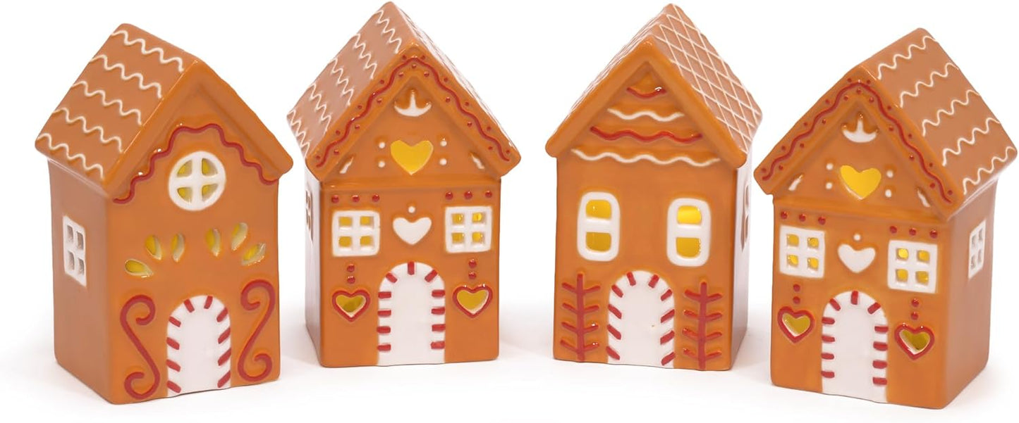 Mark Feldstein & Associates Ceramic Holiday LED Gingerbread Village Houses - Set of 4, 4 Inch