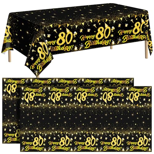 Durony Black Gold 80th Birthday Tablecloth 2 Pack, Waterproof PVC 108 x 54 in