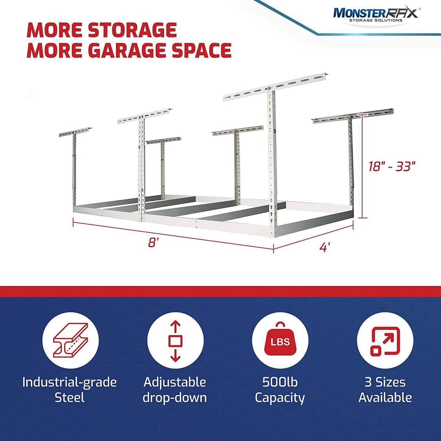 MonsterRax 4x8 Overhead Garage Storage Rack - Adjustable Ceiling Shelving System (Hammertone, 18"-33")