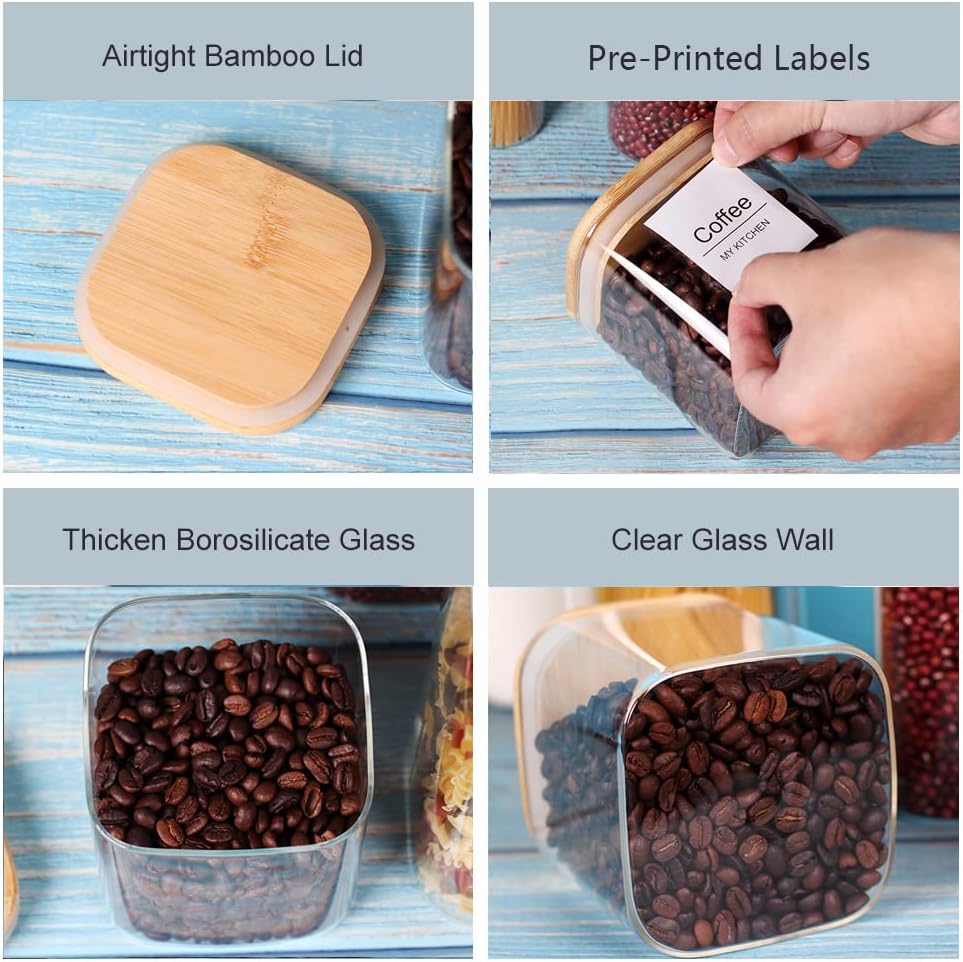 Leaves And Trees Y Glass Storage Canister Set - 7 Square Jars with Wooden Lids for Kitchen & Pantry