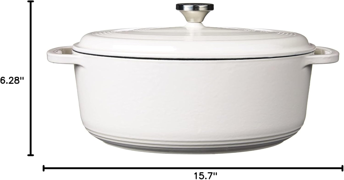 Lodge Enameled Cast Iron Oval Dutch Oven - 7 Quart with Lid & Dual Handles - Oven Safe to 500°F - Oyster White