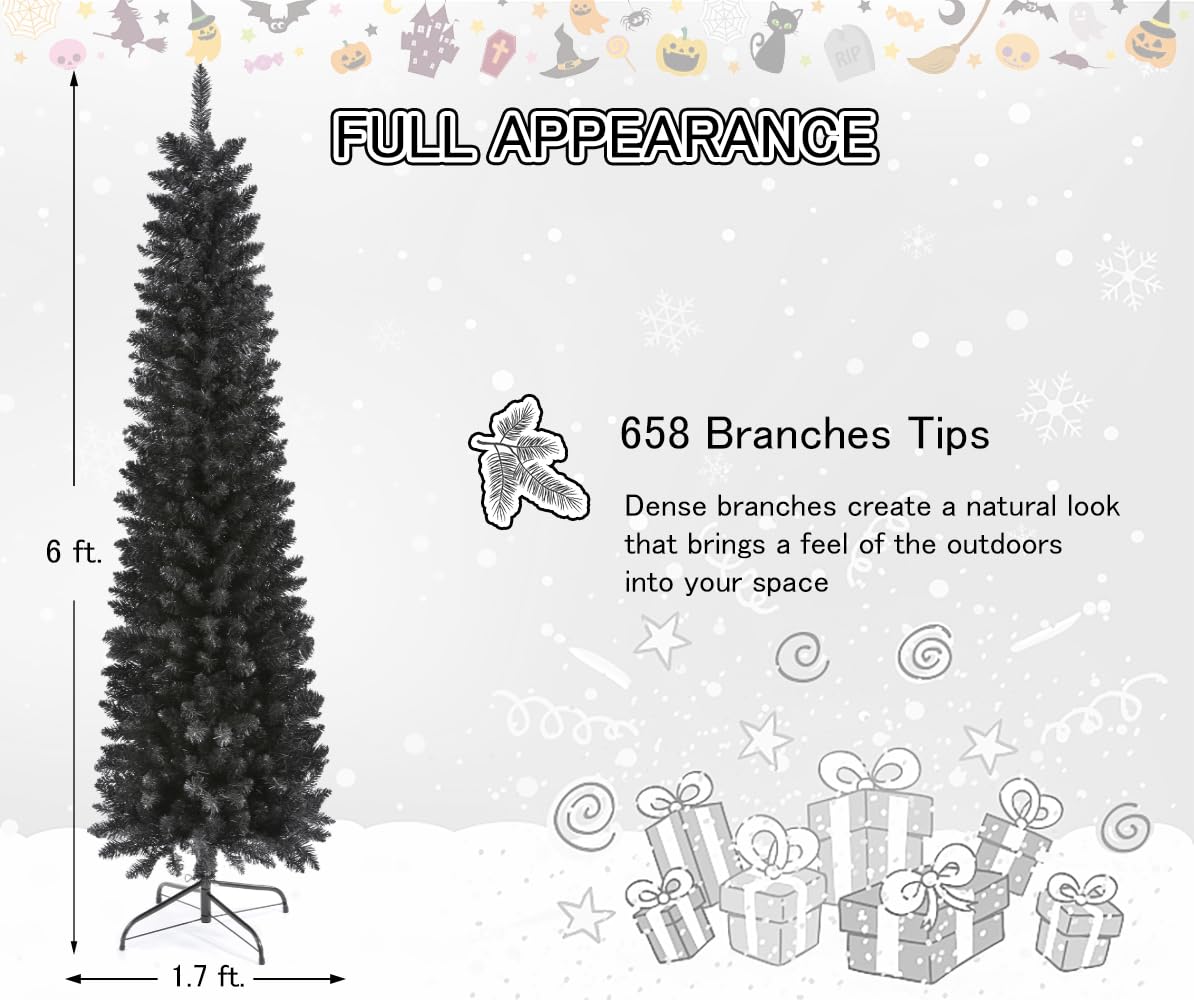 658 Tips Artificial Pencil Christmas Tree Halloween Tree, 6ft Pure Black Skinny Xmas Tree with Metal Stand Perfect for Christmas/Halloween/Easter/Parties/Holiday Indoor Outdoor Decoration