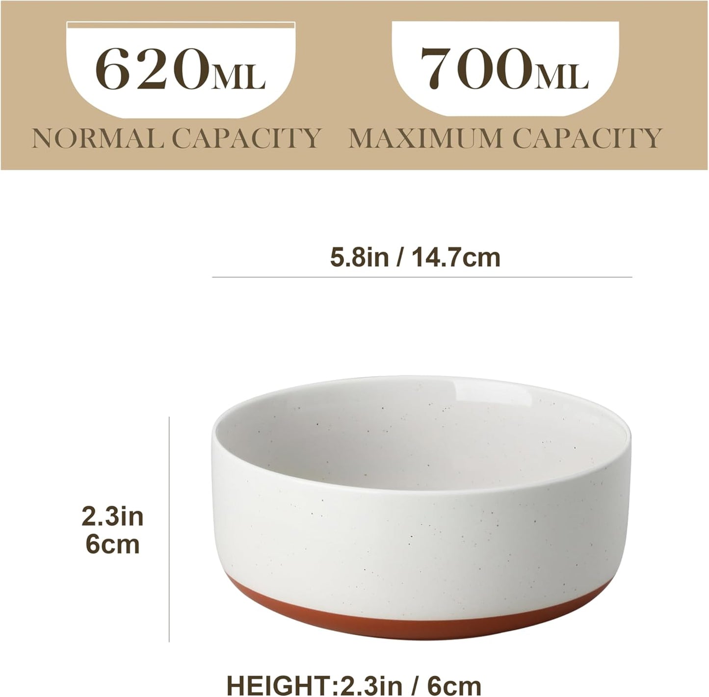 MALACASA Cereal Bowls Set of 6 - 24 OZ Ceramic Kitchen Bowls | Dishwasher & Microwave Safe, Khaki White