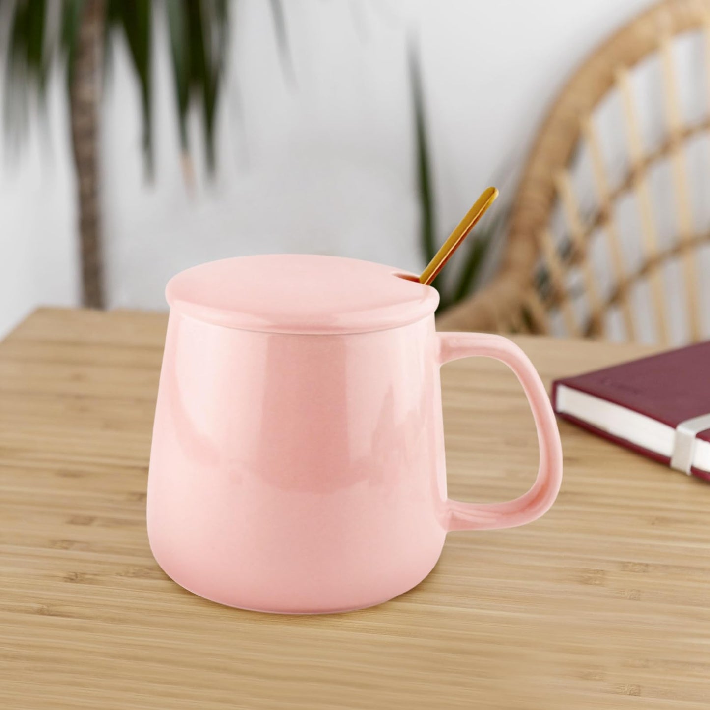 VOBAGA Coffee Cup with Lid and Flat-Bottom, 13 oz Tea Mug for Daily Use Warming Coffee &Tea (Pink)
