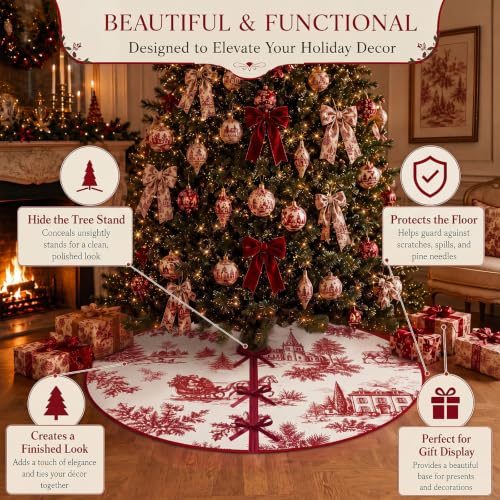 Foilswirl 48'' Red Toile de Jouy Christmas Tree Skirt - Vintage Santa Scene