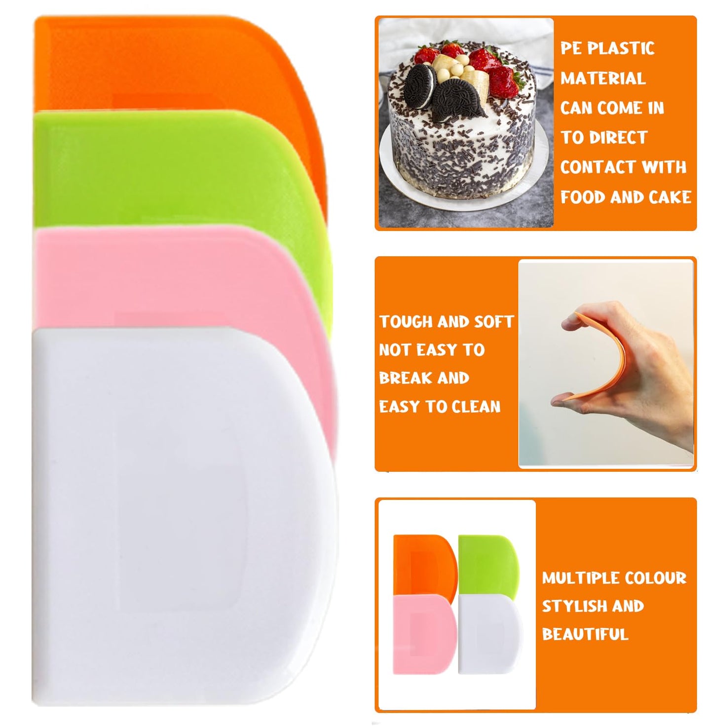 CEWIFO Dough Scraper Bench Scraper for Baking, 4 PCs BPA Free PE Plastic Flexible Bowl Scraper, Food-safe Plastic Dough Cutter for Bread Cake Dough Fondant Icing (White, Green, Orange, Pink)