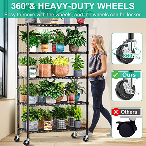 5-Tier Rolling Storage Shelf with Wheels - Metal Wire Shelving Unit