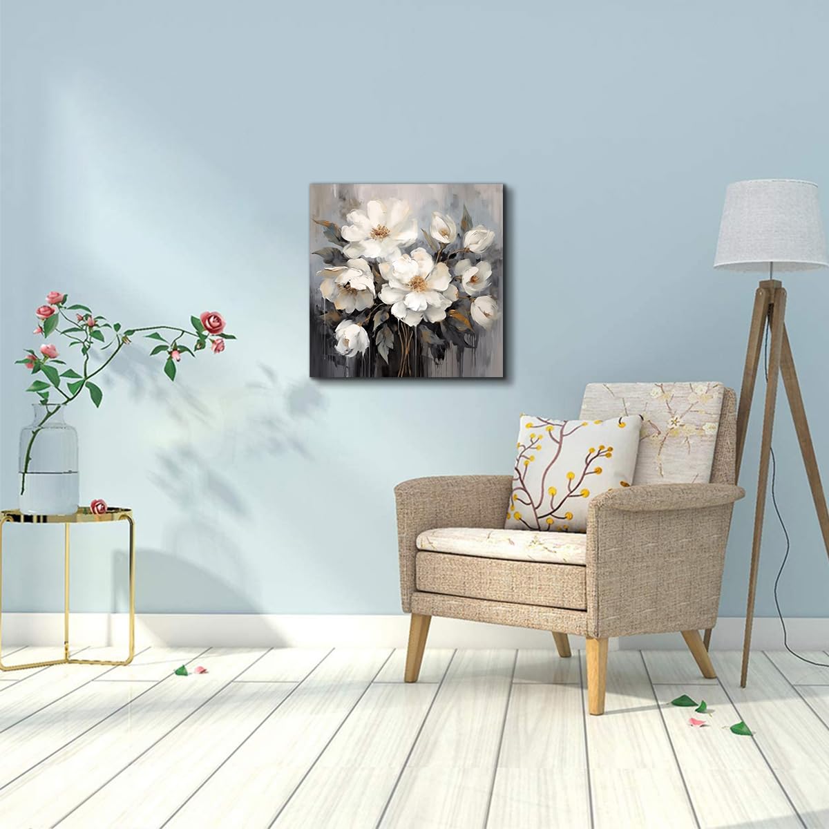 AnZhongArt Bathroom Wall Art, Gray and White Flower Decoration, 30x30inches