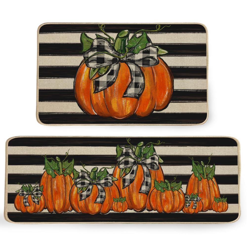GEEORY Fall Kitchen Mats Set of 2, Striped Pumpkins Bowknot Floor Mat Farmhouse Seasonal Holiday Thanksgiving Decorations 17x29 and 17x47 Inch (Striped) GK068