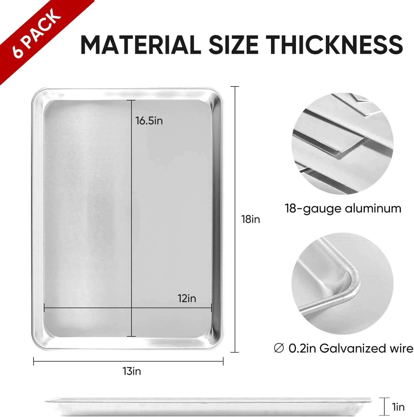TENUP Aluminum Half Sheet Pan - 6 Pack Heavy Duty Baking Tray, 18" x 13", Warp-Resistant & Rust-Free