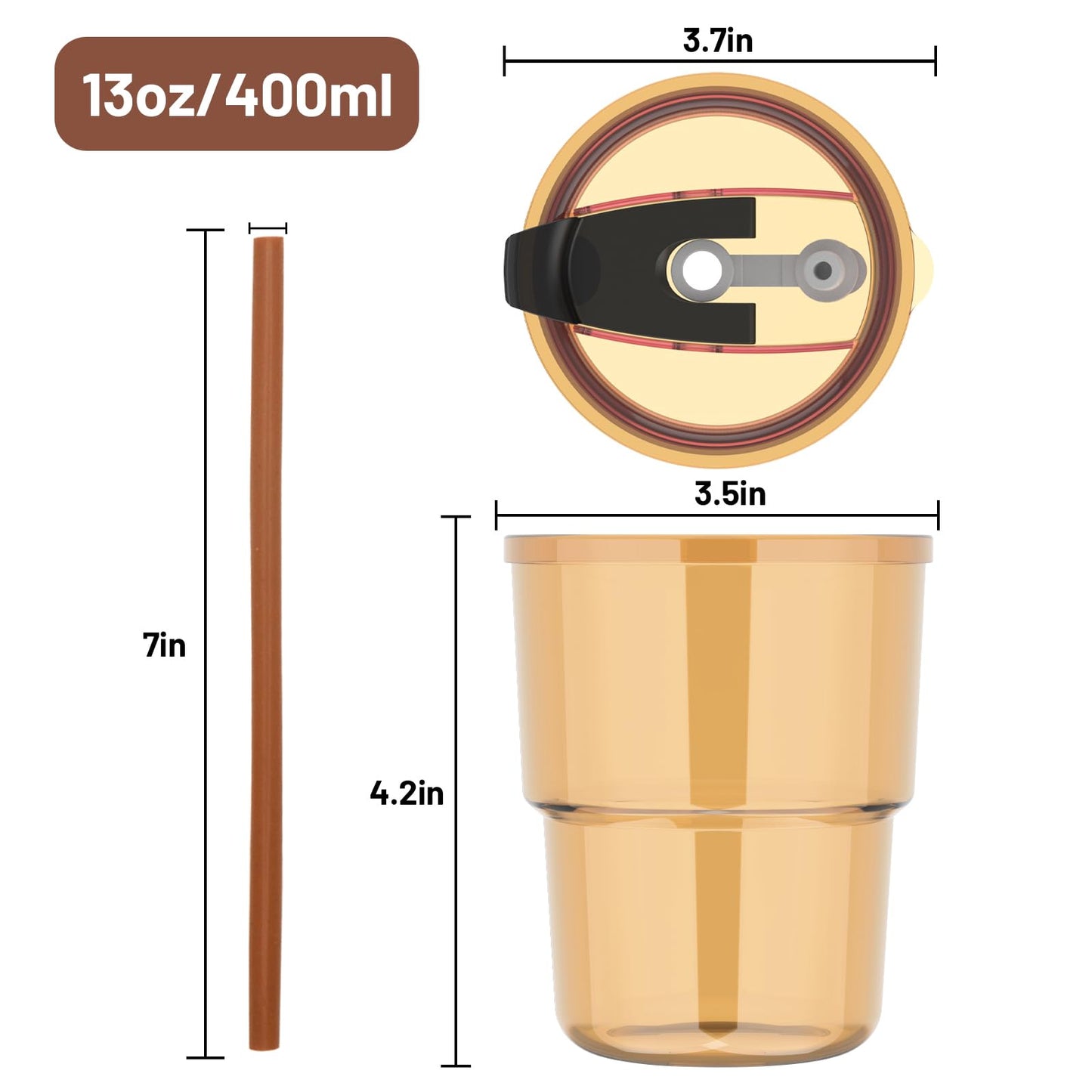 Luxfuel 13 oz Tumbler Water Glass Cups with Straw & Lid, Reusable Iced Coffee, Tea Cups, Leak-Proof Thick Wall Travel Glass Tumbler for Home, Office, Car Cup Holder Friendly, BPA Free (Amber, 2 Pack)