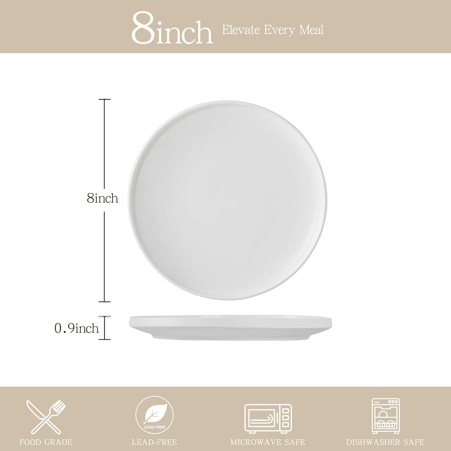 Skiennix 8-Inch Matte White Stoneware Plates - Set of 4, Microwave & Dishwasher Safe for Salads & Desserts