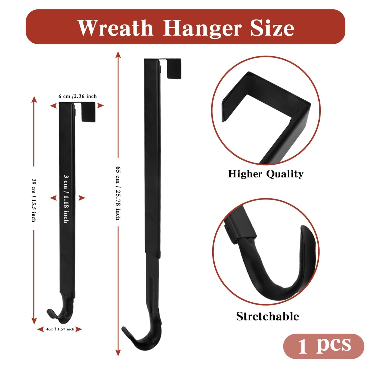 Wreath Door Hanger, Black Wreath Hanger for Front Door, Adjustable Wreath Hanger from 15 to 25 Inches Wreath Hangers, Metal Doors Wreath Hangers for Christmas, Spring, Easter Decorations Wreaths