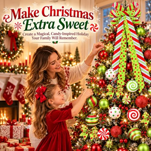 Bailiyake Christmas Tree Decorations Set with Red and Lime Green Ornaments, Wreath Bow & Elf Balls