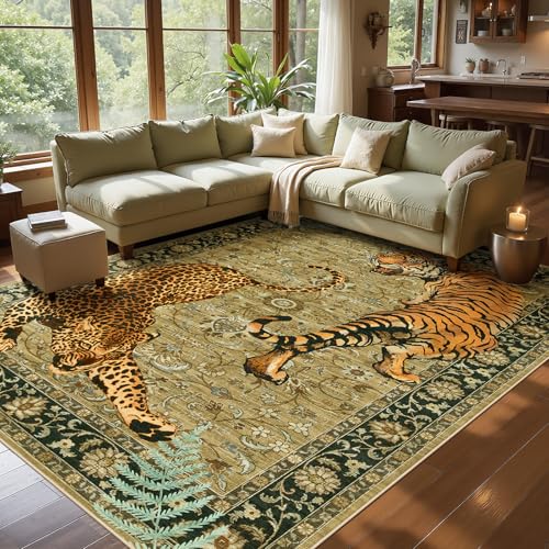 Joydeco 8x10 Large Washable Vintage Tiger Rug for Living Room & Bedroom - Camel