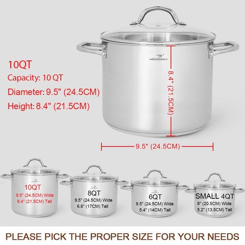 HOMICHEF 10 Quart Stock Pot With Glass Lid - Nickel Free Stainless Steel 10 Qt Pots With Handle - Mirror Polished StockPot 10 Quart - Induction Cooking Pots With Lid - Healthy Soup Pot