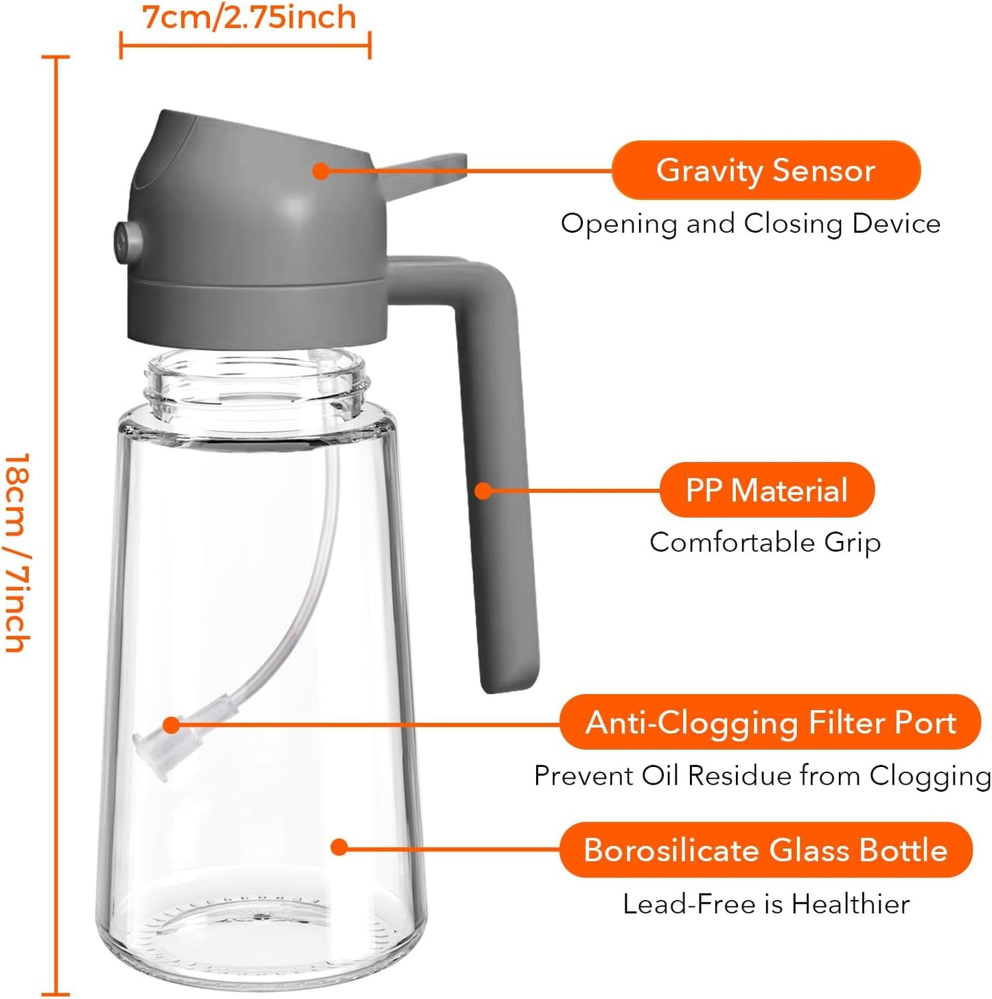 YARRAMATE 16oz Oil Sprayer - Food-Grade 2-in-1 Olive Oil Dispenser for Cooking & BBQ (Gray)
